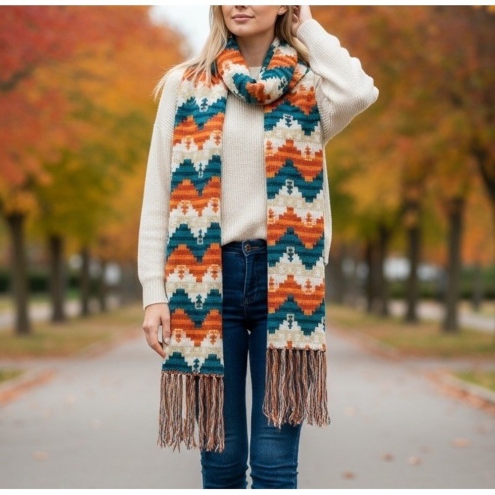 Women Southwestern Aztec Tribal Knit Fringe Scarf 14x72" Bold Statement Boho